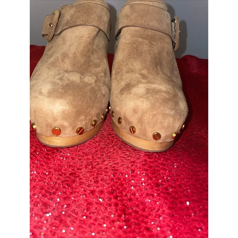 Veronica Beard Dacey Buckle Suede Clogs size 11M USA women Tan Pecan Wood Metals